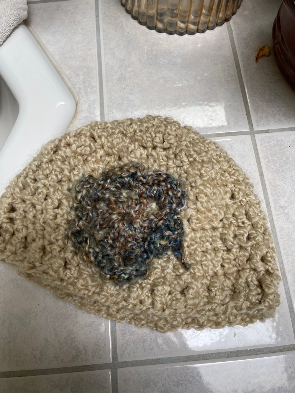 Handmade Cream Crochet Home Accent Mat with Multicolor Center